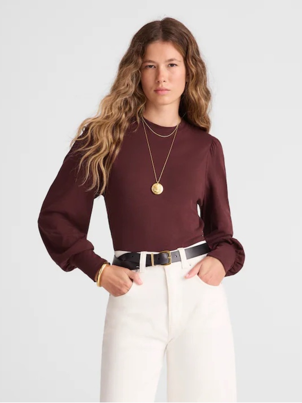 Smocked Long-Sleeve Top in Soft Slub NWT